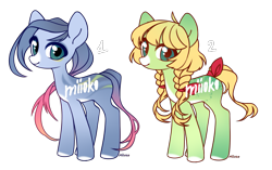 Size: 1891x1191 | Tagged: safe, artist:miioko, derpibooru import, oc, oc only, earth pony, pony, braid, colored hooves, duo, earth pony oc, simple background, smiling, transparent background