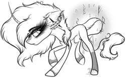 Size: 2157x1332 | Tagged: safe, artist:beamybutt, derpibooru import, oc, oc only, pony, unicorn, ear fluff, ears, eyelashes, female, horn, lineart, mare, monochrome, raised hoof, raised leg, simple background, solo, unicorn oc, white background