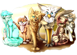 Size: 2520x1800 | Tagged: safe, artist:sketchytwi, derpibooru import, oc, oc only, cat, griffon, pony, unicorn, chest fluff, female, griffon oc, group, horn, mare, one eye closed, paws, raised hoof, raised leg, simple background, smiling, transparent background, underpaw, unicorn oc, wink