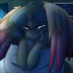 Size: 3610x3610 | Tagged: safe, artist:sketchytwi, derpibooru import, oc, oc only, oc:aurora, alicorn, pony, alicorn oc, bust, chest fluff, female, horn, hug, indoors, mare, pillow, pillow hug, solo, wings