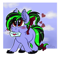 Size: 905x840 | Tagged: safe, artist:millefaller, derpibooru import, oc, oc only, earth pony, pony, blushing, bow, cute, ear fluff, ears, earth pony oc, female, hair bow, heart eyes, letter, mare, mouth hold, ocbetes, solo, tail, tail bow, unshorn fetlocks, wingding eyes