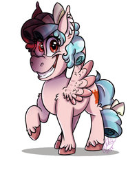 Size: 700x940 | Tagged: safe, artist:millefaller, derpibooru import, cozy glow, pegasus, pony, colored wings, ear fluff, ears, evil grin, female, filly, grin, raised hoof, raised leg, red eyes, shadow, signature, simple background, smiling, solo, spread wings, standing, tail, two toned wings, unshorn fetlocks, white background, wings