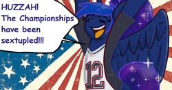 Size: 1323x700 | Tagged: safe, artist:tranzmuteproductions, derpibooru import, princess luna, alicorn, pony, :d, american flag, american football, cheering, clothes, ethereal mane, eyes closed, female, huzzah, mare, new england patriots, nfl, open mouth, open smile, smiling, sports, starry mane, talking, the fun has been doubled