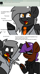 Size: 1000x1821 | Tagged: safe, artist:tranzmuteproductions, derpibooru import, oc, oc only, oc:tranzmute, bat pony, pony, unicorn, ask, bat pony oc, bat wings, bust, clothes, dialogue, horn, male, necktie, scared, smiling, stallion, suit, unicorn oc, wings