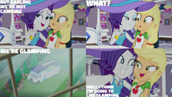 Size: 1280x720 | Tagged: safe, derpibooru import, edit, edited screencap, editor:quoterific, screencap, applejack, rarity, camping must-haves, equestria girls, equestria girls series, spoiler:eqg series (season 2), belt, clothes, cutie mark, cutie mark on clothes, denim skirt, female, geode of shielding, geode of super strength, jewelry, magical geodes, necklace, open mouth, open smile, rarity peplum dress, skirt, smiling