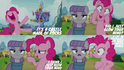 Size: 1280x720 | Tagged: safe, derpibooru import, edit, edited screencap, editor:quoterific, screencap, maud pie, pinkie pie, earth pony, pony, rock solid friendship, season 7, bipedal, female, mare, nose in the air, open mouth, open smile, smiling, twilight's castle, uvula, volumetric mouth