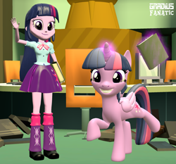 Size: 2057x1920 | Tagged: safe, artist:gradiusfanatic, derpibooru import, twilight sparkle, twilight sparkle (alicorn), alicorn, pony, equestria girls, 3d, book, computer, female, grin, human ponidox, levitation, looking at you, magic, self ponidox, smiling, source filmmaker, telekinesis, waving, waving at you