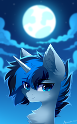 Size: 2838x4564 | Tagged: safe, artist:airiniblock, derpibooru import, oc, oc only, oc:solar gizmo, pony, unicorn, blue eyes, bust, chest fluff, cloud, ear fluff, ears, eyebrows, eyebrows visible through hair, horn, icon, looking at you, male, moon, night, rcf community, smiling, smiling at you, solo, stallion, two toned mane, unicorn oc