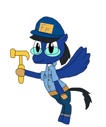 Size: 1456x1744 | Tagged: safe, derpibooru import, oc, oc only, oc:blazewing, pegasus, pony, belt, clothes, costume, disney, drawpile, fix-it felix jr., flying, glasses, gloves, halloween, halloween costume, hammer, hat, logo, male, nightmare night costume, pants, shirt, simple background, smiling, solo, white background, wreck-it ralph