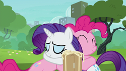 Size: 1280x720 | Tagged: safe, derpibooru import, screencap, pinkie pie, rarity, earth pony, pony, unicorn, season 6, the gift of the maud pie, ^^, box, cute, diapinkes, duo, duo female, eyes closed, female, hug, raribetes