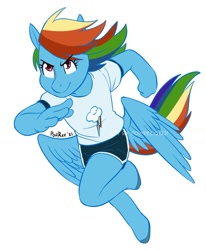 Size: 1059x1283 | Tagged: safe, artist:powree, derpibooru import, rainbow dash, anthro, pegasus, pony, unguligrade anthro, clothes, cutie mark, cutie mark on clothes, full body, running, shirt, shorts, simple background, smiling, solo, t-shirt, tail, white background, wings