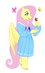 Size: 1012x1652 | Tagged: safe, artist:powree, derpibooru import, fluttershy, anthro, butterfly, pegasus, unguligrade anthro, clothes, cute, daaaaaaaaaaaw, dress, shyabetes, simple background, solo, white background, wings