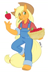 Size: 1075x1680 | Tagged: safe, artist:powree, derpibooru import, applejack, anthro, earth pony, unguligrade anthro, apple, basket, clothes, cute, food, freckles, overalls, simple background, solo, straw in mouth, white background