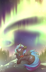 Size: 2625x4096 | Tagged: safe, artist:mirroredsea, derpibooru import, oc, oc only, alicorn, pony, alicorn oc, aurora borealis, colored wings, female, forest, freckles, horn, mare, multicolored wings, scenery, smiling, solo, wings
