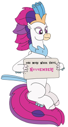 Size: 1755x3264 | Tagged: safe, artist:supahdonarudo, derpibooru import, queen novo, classical hippogriff, hippogriff, my little pony: the movie, holding, reminder, sign, simple background, sitting, transparent background