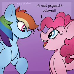 Size: 2000x2000 | Tagged: safe, artist:kaifurry, derpibooru exclusive, derpibooru import, pinkie pie, rainbow dash, earth pony, pegasus, pony, abstract background, blue eyes, confused, contest, dialogue, duo, duo female, eye contact, female, happy, high res, looking at each other, mare, mlp fim's eleventh anniversary, multicolored hair, multicolored mane, open mouth, open smile, pink mane, rainbow hair, smiling, soft shading