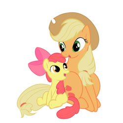 Size: 1400x1400 | Tagged: safe, artist:zigrock, derpibooru import, apple bloom, applejack, earth pony, pony, apple bloom's bow, applejack's hat, blank flank, bow, clothes, cowboy hat, duo, duo female, female, filly, freckles, green eyes, hair bow, hat, mare, open mouth, open smile, orange eyes, red mane, red tail, siblings, simple background, sisters, sitting, smiling, tail, white background