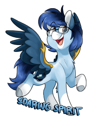 Size: 2467x3077 | Tagged: safe, artist:luximus17, derpibooru import, oc, oc only, oc:soaring spirit, pegasus, pony, bipedal, chest fluff, coat markings, colored hooves, colored wings, eye clipping through hair, eyebrows, eyebrows visible through hair, facial markings, glasses, high res, male, open mouth, open smile, pegasus oc, simple background, smiling, socks (coat marking), solo, spread wings, stallion, transparent background, wing brace, wings