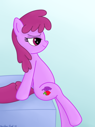 Size: 3016x4032 | Tagged: safe, artist:rainbowšpekgs, derpibooru import, berry punch, berryshine, earth pony, pony, bed, bedroom eyes, bipedal, bipedal leaning, female, gradient background, high res, leaning, mare, sitting, sitting on bed, smiling, smirk, solo