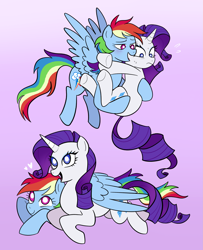 Size: 1667x2048 | Tagged: safe, artist:sicknastyjr, derpibooru import, rainbow dash, rarity, pegasus, pony, unicorn, bridal carry, carrying, cuddling, female, floating heart, gradient background, heart, holding a pony, lesbian, lidded eyes, lying down, mare, open mouth, open smile, prone, raridash, shipping, smiling, wing blanket, winghug, wings