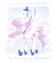 Size: 1080x1200 | Tagged: safe, artist:typhwosion, derpibooru import, princess luna, alicorn, pony, eyes closed, jewelry, positive ponies, pride, pride flag, regalia, requested art, solo, spread wings, transgender, transgender pride flag, wings