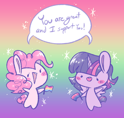 Size: 1058x1006 | Tagged: safe, artist:typhwosion, derpibooru import, pinkie pie, twilight sparkle, twilight sparkle (alicorn), alicorn, earth pony, pony, bisexual pride flag, blush sticker, blushing, dialogue, dot eyes, duo, female, flag, gradient background, headcanon, lgbt headcanon, mare, open mouth, pansexual pride flag, positive message, positive ponies, pride, pride flag, requested art, sexuality headcanon, sparkles, speech bubble, spread wings, wings