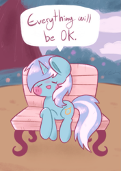 Size: 783x1108 | Tagged: safe, artist:typhwosion, derpibooru import, lyra heartstrings, pony, unicorn, bench, blush sticker, blushing, bush, cloud, dialogue, eyes closed, female, lying down, mare, open mouth, open smile, outdoors, positive ponies, prone, requested art, smiling, speech bubble, tree