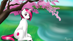 Size: 3840x2160 | Tagged: safe, artist:autumnsmonologue8, derpibooru import, oc, oc only, oc:pink lotus, pony, unicorn, solo, tree, water