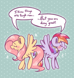 Size: 1024x1085 | Tagged: safe, artist:typhwosion, derpibooru import, fluttershy, rainbow dash, pegasus, pony, blushing, dialogue, duo, eyes closed, female, mare, open mouth, open smile, positive ponies, requested art, smiling, sparkles, speech bubble, spread wings, wings