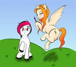 Size: 1265x1113 | Tagged: safe, artist:autumnsmonologue8, derpibooru import, oc, oc only, oc:feather, oc:pink lotus, pegasus, pony, unicorn, flying, grass, paint, paintbrush, raised hoof, raised leg, sitting