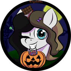 Size: 4160x4160 | Tagged: safe, artist:sugardotxtra, derpibooru import, oc, oc only, oc:chocolate fudge, candy, commission, food, halloween, holiday, one eye closed, pumpkin, pumpkin bucket, solo, ych result