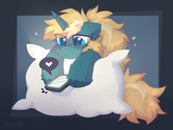 Size: 2000x1500 | Tagged: safe, artist:mirtash, derpibooru import, oc, oc only, oc:maple parapet, pony, unicorn, cellphone, heart, phone, pillow, smartphone, solo, unshorn fetlocks