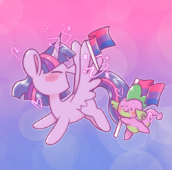 Size: 982x968 | Tagged: safe, artist:typhwosion, derpibooru import, spike, twilight sparkle, twilight sparkle (alicorn), alicorn, dragon, pony, bisexual pride flag, blush sticker, blushing, duo, eyes closed, fangs, female, flag, floating heart, heart, levitation, magic, male, mare, open mouth, open smile, pride, pride flag, smiling, spread wings, tail, telekinesis, wings