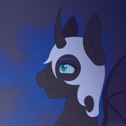 Size: 1000x1000 | Tagged: safe, artist:lilsoftlamb, derpibooru import, nightmare moon, pony, bat wings, bust, curved horn, female, helmet, horn, mare, portrait, signature, solo