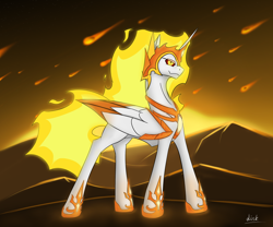 Size: 3000x2500 | Tagged: safe, artist:diskrt, derpibooru import, daybreaker, alicorn, pony, female, high res, mare, meteor shower, smiling, smirk, solo, sun