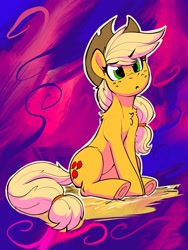 Size: 1536x2048 | Tagged: safe, artist:dimfann, derpibooru import, applejack, earth pony, pony, applejack's hat, chest fluff, clothes, cowboy hat, cute, female, freckles, hat, jackabetes, mare, sitting, solo, underhoof