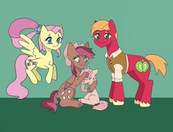 Size: 1080x824 | Tagged: safe, artist:galaxy._.bro, derpibooru import, big macintosh, fluttershy, oc, oc:sugar cube, alternate hairstyle, alternate timeline, blank flank, brother and sister, clothes, colt, cowboy hat, cutie mark, family, female, filly, fluttermac, flying, green background, hat, male, noogie, offspring, older, older big macintosh, older fluttershy, parent:big macintosh, parent:fluttershy, parents:fluttermac, shipping, siblings, simple background, sitting, standing, straight, unshorn fetlocks, vest