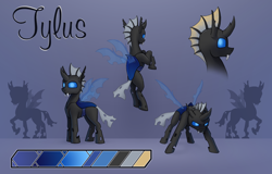 Size: 3388x2171 | Tagged: safe, artist:tsswordy, derpibooru import, oc, oc only, oc:tylus, changeling, blue eyes, changeling oc, fangs, glowing, glowing eyes, horn, male, reference, reference sheet, solo, wings