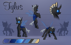 Size: 3388x2171 | Tagged: safe, artist:tsswordy, derpibooru import, oc, oc only, oc:tylus, changeling, blue eyes, changeling oc, fangs, glowing, glowing eyes, horn, male, reference, reference sheet, solo, wings