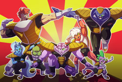 Size: 1280x854 | Tagged: safe, artist:littletigressda, derpibooru import, spike, trixie, anthro, unicorn, anime, burter, captain ginyu, crossover, dragon ball z, ginyu force, guldo, jeice, recoome, tokusentai