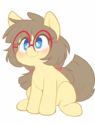 Size: 1200x1600 | Tagged: source needed, safe, artist:comfytail, derpibooru import, oc, oc:sphee, earth pony, pony, female, filly, glasses, simple background, sitting, solo, white background