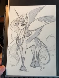 Size: 960x1280 | Tagged: safe, artist:probablyfakeblonde, derpibooru import, princess luna, alicorn, cloven hooves, ear fluff, ears, female, grayscale, leonine tail, long ears, mare, marker drawing, monochrome, pencil drawing, solo, tail, traditional art, unshorn fetlocks