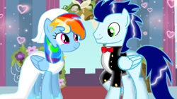 Size: 1280x718 | Tagged: safe, artist:mlplary6, derpibooru import, rainbow dash, soarin', clothes, dress, female, male, marriage, shipping, soarindash, straight, suit, wedding, wedding dress