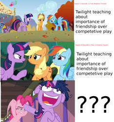 Size: 959x1024 | Tagged: safe, derpibooru import, edit, edited screencap, screencap, applejack, pinkie pie, rainbow dash, twilight sparkle, twilight sparkle (alicorn), unicorn twilight, alicorn, earth pony, pegasus, unicorn, a trivial pursuit, fall weather friends, non-compete clause, female, hypocrisy, mare, messy mane, twilighting