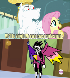 Size: 1080x1209 | Tagged: safe, derpibooru import, edit, edited screencap, screencap, bulk biceps, fluttershy, deltarune, exploitable meme, meme, replacement meme, spamton, spamton neo