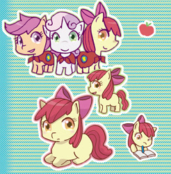 Size: 492x500 | Tagged: safe, artist:rao, derpibooru import, apple bloom, scootaloo, sweetie belle, earth pony, pegasus, pony, unicorn, apple, book, cape, clothes, cmc cape, cutie mark crusaders, female, filly, food, pencil