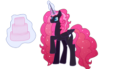 Size: 3264x1836 | Tagged: safe, artist:herusann, derpibooru import, pinkie pie, alicorn, pony, alicornified, ethereal mane, female, glowing, glowing horn, horn, levitation, magic, mare, nightmare pinkie, nightmarified, pinkiecorn, race swap, raised hoof, raised leg, simple background, solo, starry mane, telekinesis, transparent background, xk-class end-of-the-world scenario