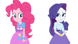 Size: 1366x768 | Tagged: safe, artist:herusann, derpibooru import, pinkie pie, rarity, equestria girls, equestria girls (movie), clothes, cutie mark, cutie mark on clothes, dress, duo, female, frown, simple background, smiling, smirk, transparent background