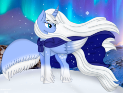 Size: 960x720 | Tagged: safe, artist:madlilon2051, derpibooru import, oc, oc only, alicorn, pony, alicorn oc, aurora borealis, cape, clothes, colored wings, female, horn, looking back, mare, outdoors, snow, two toned wings, unshorn fetlocks, wings