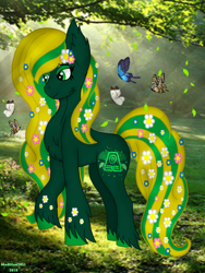 Size: 720x960 | Tagged: safe, artist:madlilon2051, derpibooru import, oc, oc only, oc:eleanor, butterfly, earth pony, pony, earth pony oc, female, flower, flower in hair, mare, outdoors